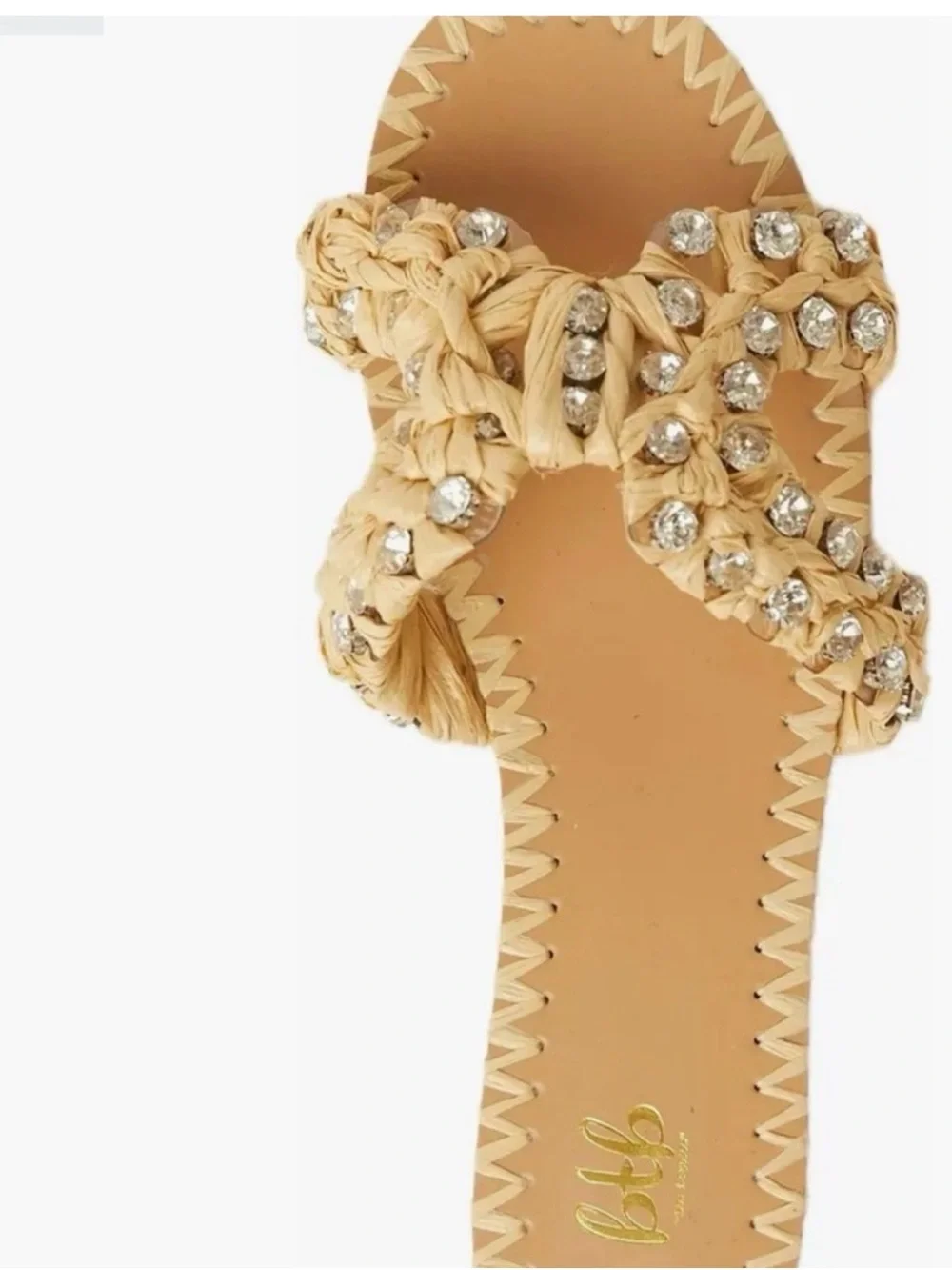 Raffia Braided Slide Sandal with Crystal Accents — Beige